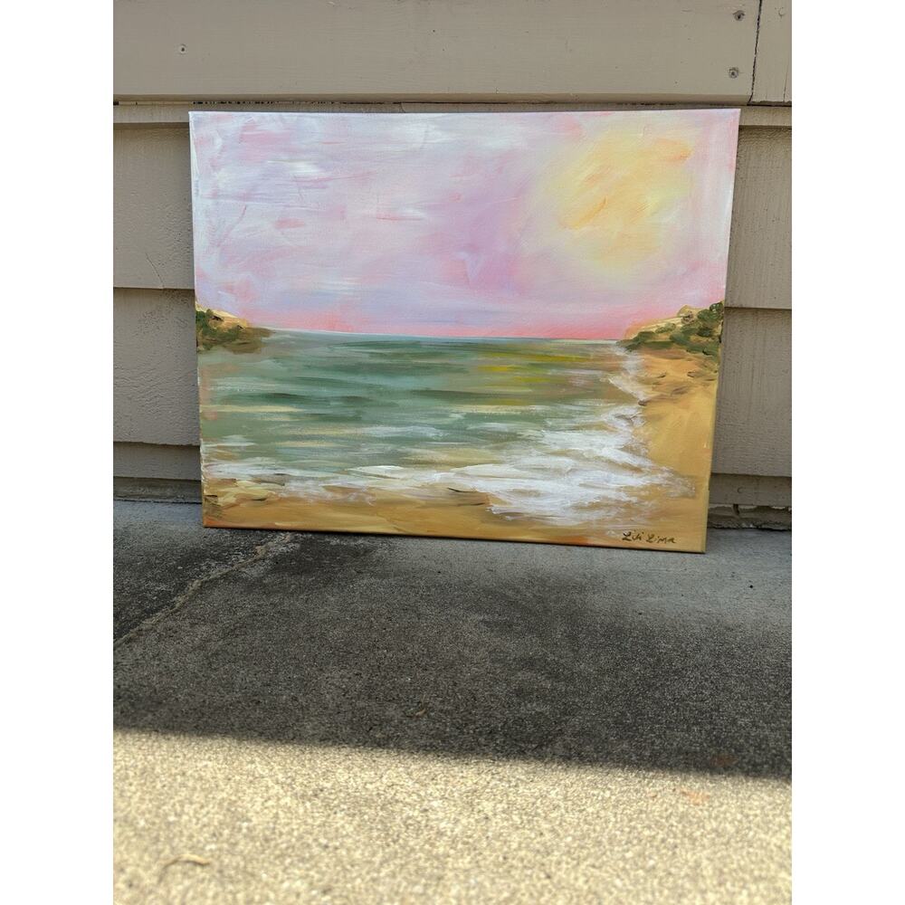 OOAK Original Acrylic Seascape Beach Painting Sunset Cove 16 X 20 Signed